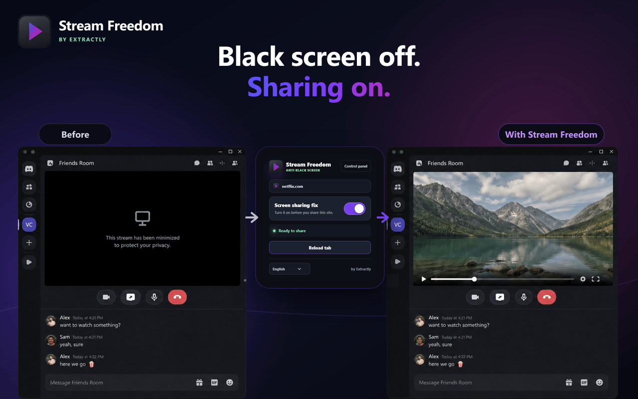 Stream Freedom before-and-after preview showing visible video during screen sharing