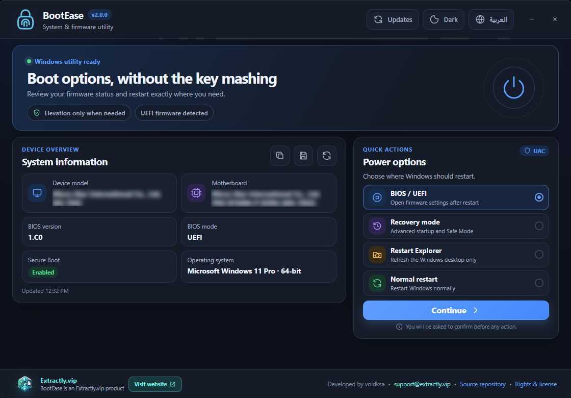 BootEase 2.0 showing Windows system information and restart actions