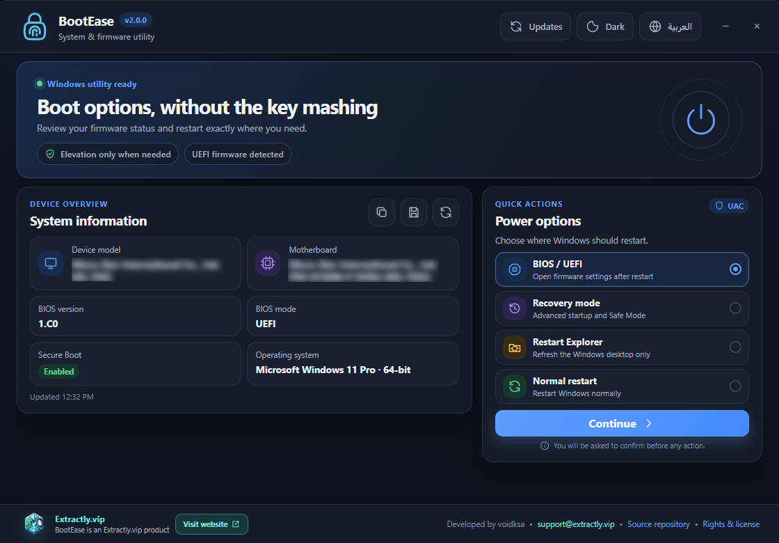 BootEase 2.0 showing Windows system information and restart actions